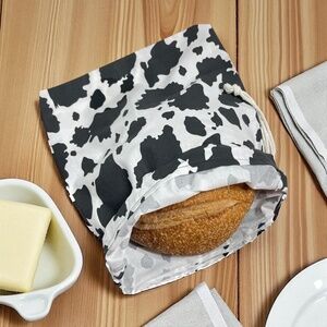 Farmhouse Cow Print Bread Bag, Black and White Cotton Reusable Sourdough Storage